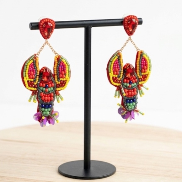 NWT Lobster Beaded Statement Earrings | Sequin & Rhinestone Dangle - Picture 5 of 6